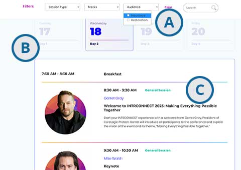 Screenshot of INTRCONNECT Agenda Page with callouts